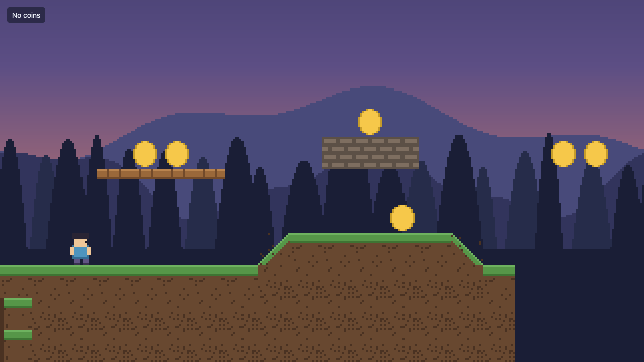 A pixel-art dusk landscape: a hill and a treeline behind a grass-topped dirt tilemap, a wooden plank and a brick platform with gold coins hanging above them, the character standing on the left, and a chip in the top corner that reads No coins.