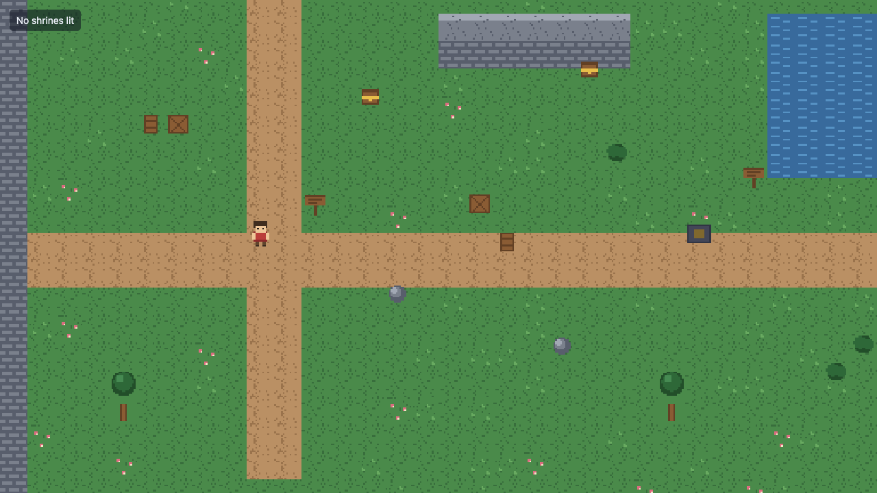 A top-down pixel-art courtyard with stone paths and grass, a character in the centre and lit shrines, with a heads-up display along the top.