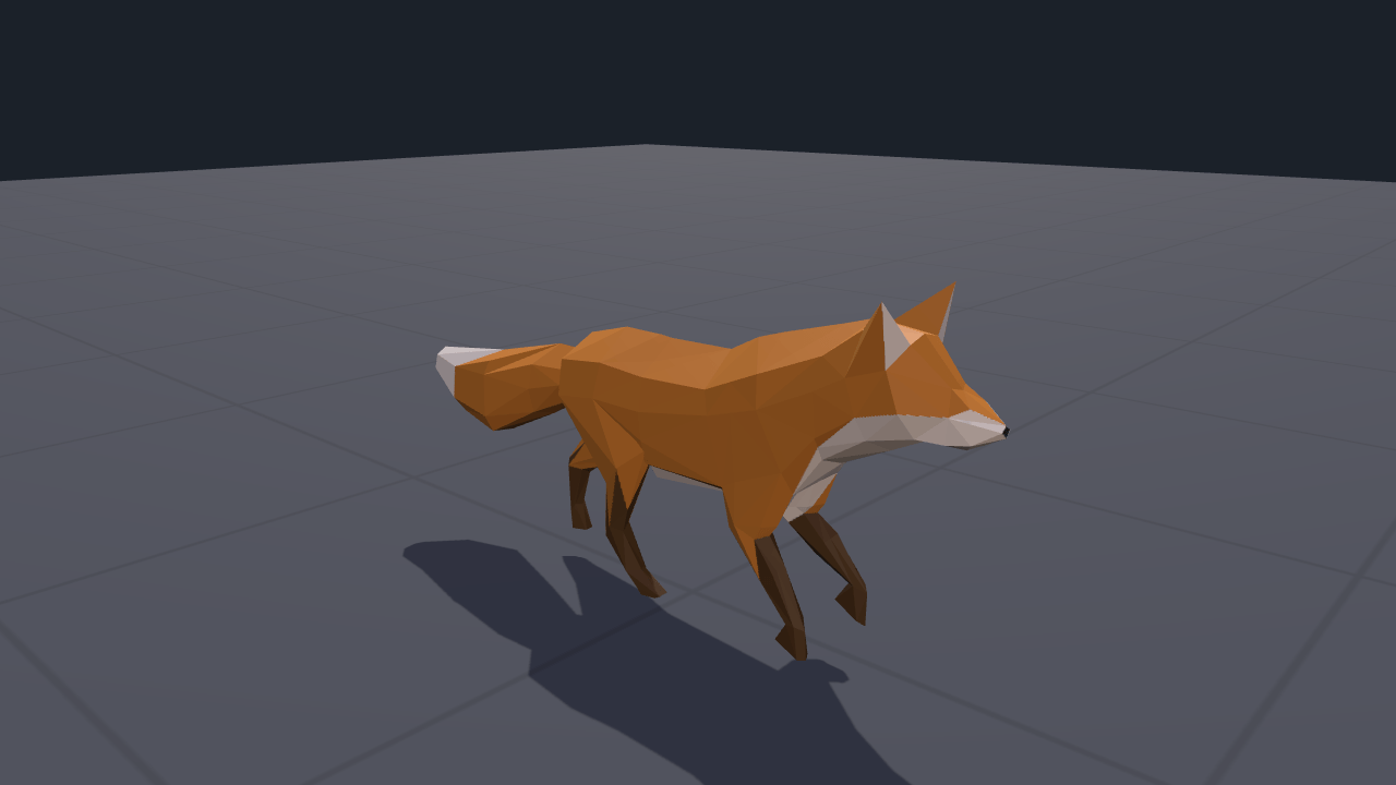 A low-poly orange fox mid-stride on a grey tiled floor at dusk, front legs reaching forward and back legs pushing off, its tail streaming behind it and its shadow falling to the left.