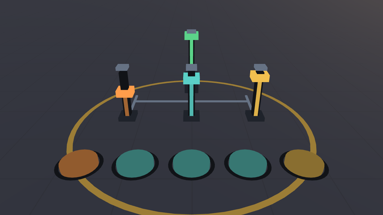 Three coloured faders — orange, cyan and amber — stand in a row on a dark grid floor, with a fourth green fader raised behind them and a pale rail linking all four. Five round pads sit across the front of the rig, one brown, three teal and one olive, and a thin amber ring is drawn on the floor around the desk.