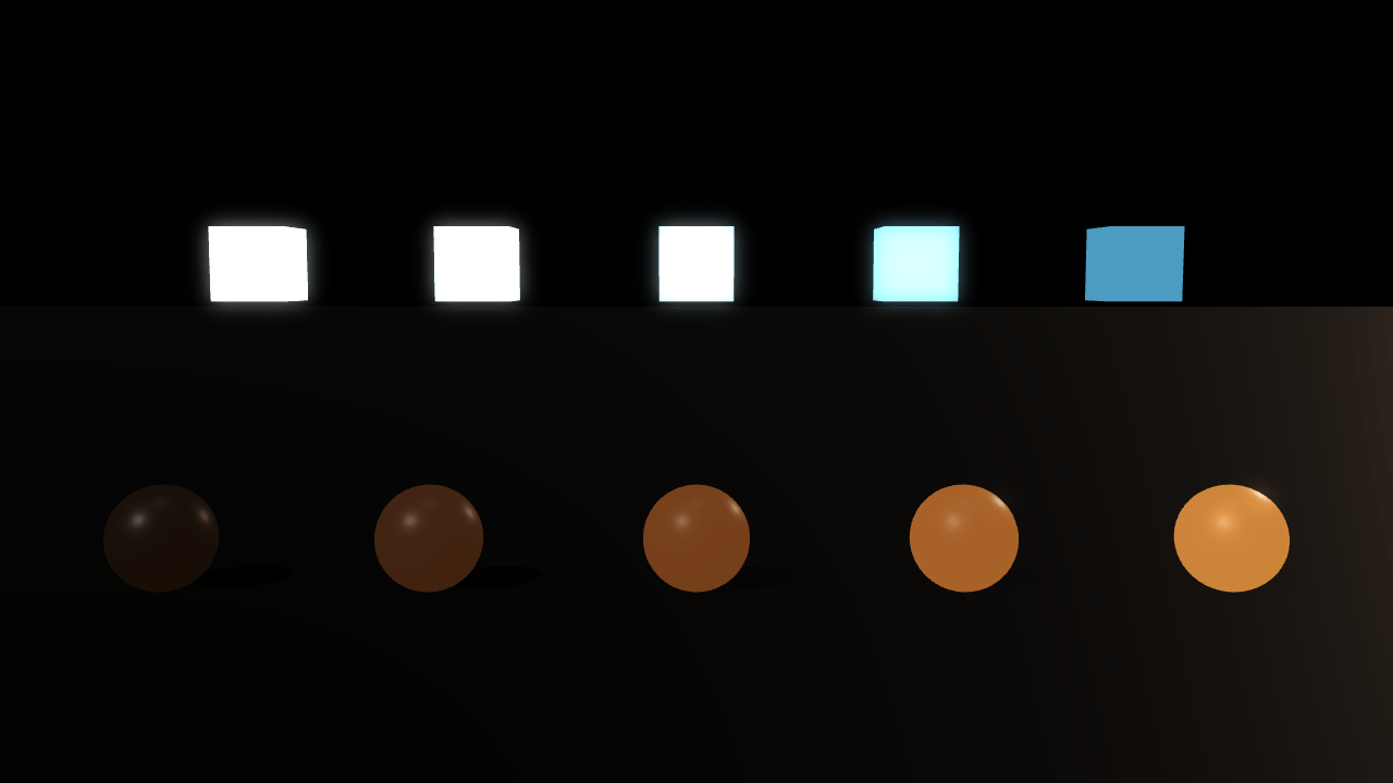 Ten emitters on a near-black floor: a back row of five small cubes running from a white-hot glow on the left to a plain blue one on the right, and a front row of five spheres running from near-black on the left to a glowing amber on the right.