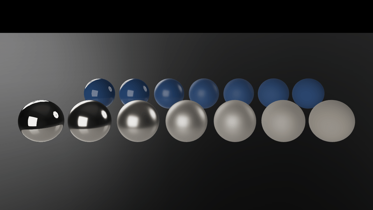 Two staggered rows of spheres on a dark studio floor: seven metal ones in front running from a mirror that reflects the studio's softboxes to a matte grey, and seven blue painted ones behind them doing the same.
