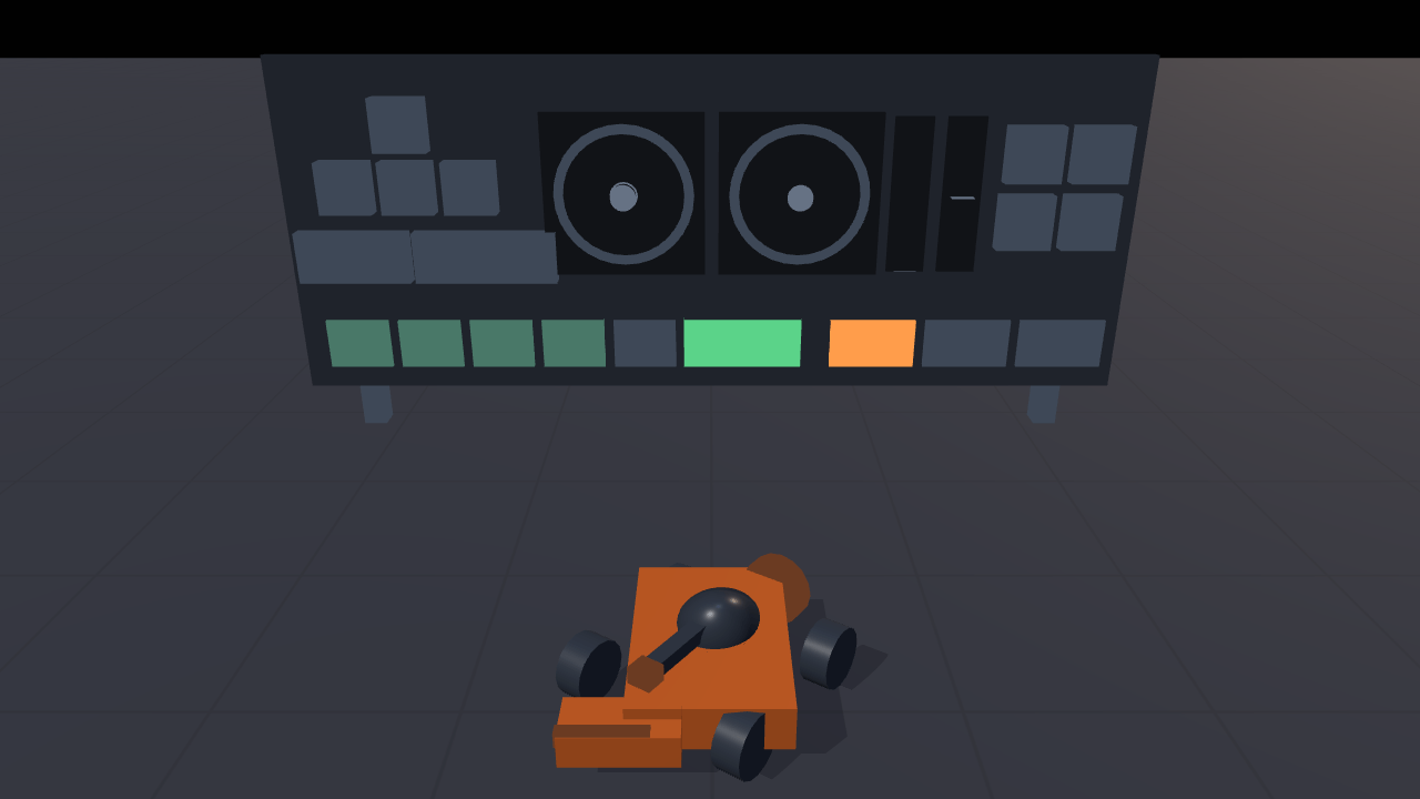A small orange rover with four black wheels and a dark canopy stands on a grey grid floor in front of a wide dark instrument panel on two legs. The panel carries a cluster of unlit key caps on the left, two round dials with a dot at the centre of each, two narrow vertical tracks, four square lamps, and a row of small status lamps along the bottom, four of them lit green and one orange.