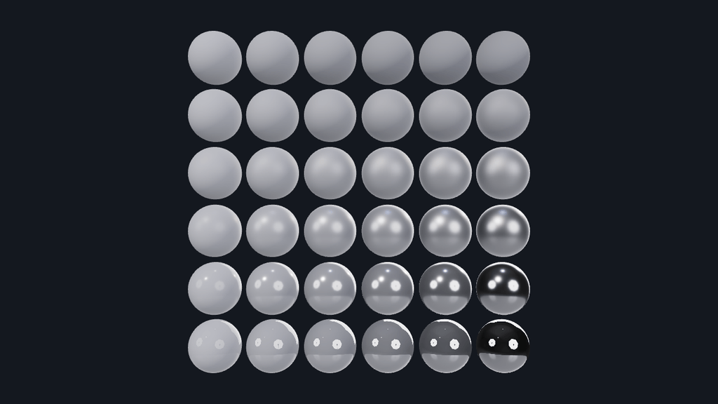 A six-by-six grid of spheres on a dark blue-grey ground: mirror-like spheres reflecting two soft studio panels along the bottom row, evenly diffuse ones along the top, pale plastic on the left and dark metal on the right.