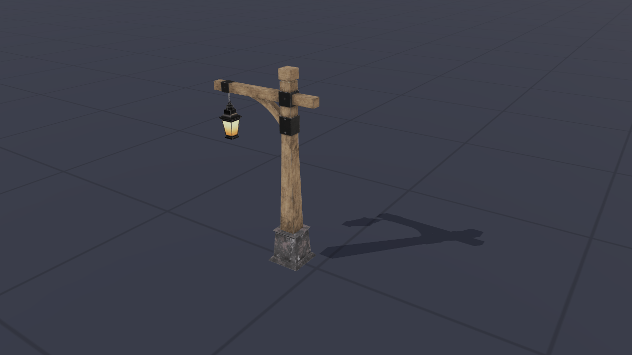 A wooden street lamp with a glass lantern hanging from its arm, standing on a dark grid floor and casting a long soft shadow to the right.