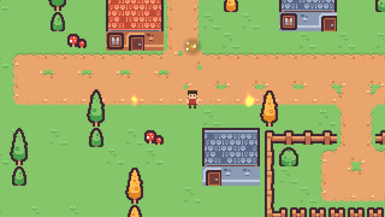 A pixel-art village seen from above with a villager in a red tunic on the dirt lane, an orange flame burning at a brazier on either side of her, and a small gold pickup glinting with white stars on the road ahead.