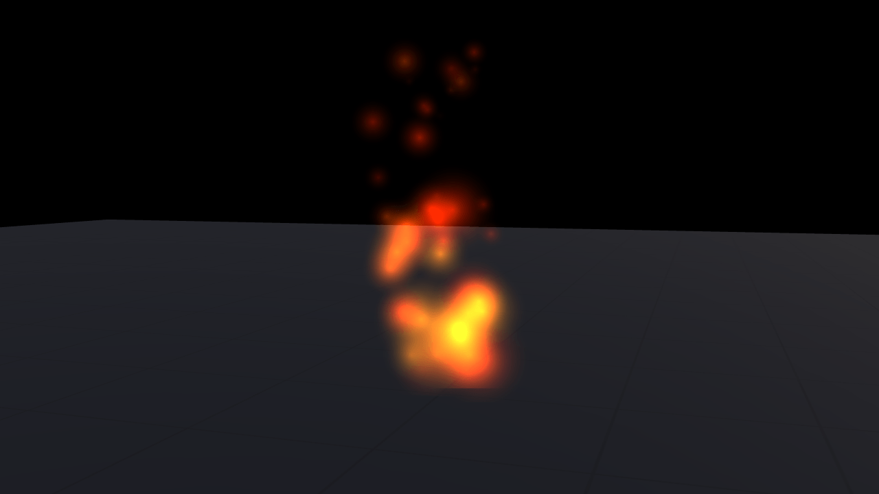 A tall orange and yellow flame of soft overlapping particles burning on a dark grey grid floor, its light fading to deep red at the top against a near-black background.