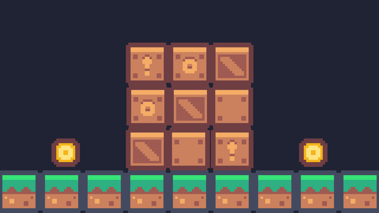 Nine wooden crates stacked three by three on a strip of grassy earth against a dusk-blue background, with a gold coin resting on the ground either side of them.