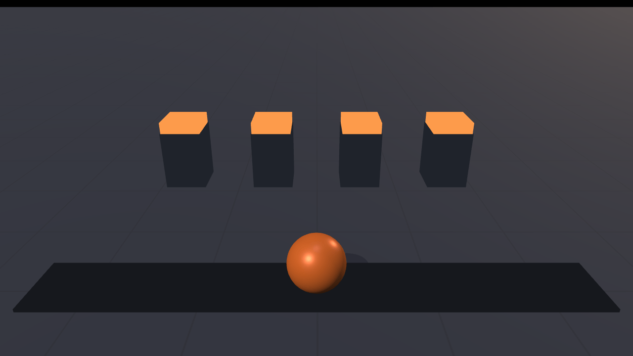 Four dark plinths stand in a row on a grey grid floor, each capped with a bright orange block, and an orange ball rests on a long dark track in front of them.