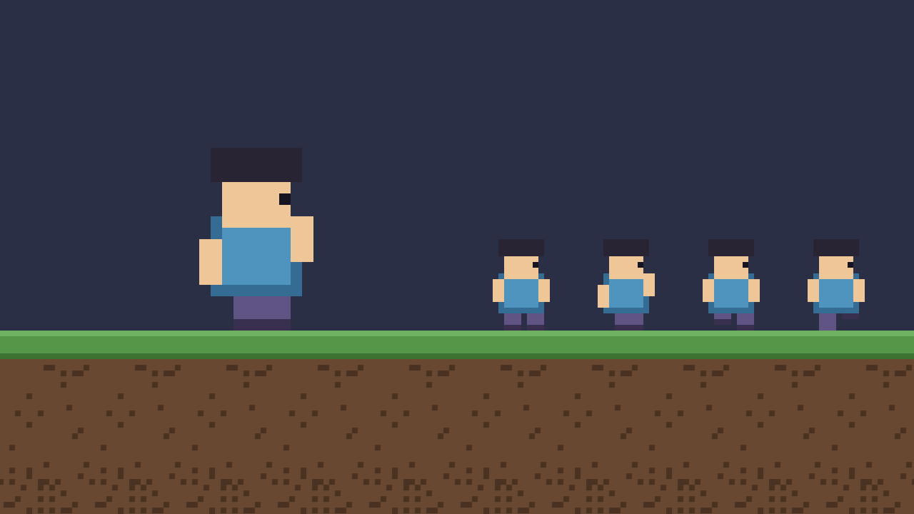 Five copies of the same pixel-art runner on a strip of grass and earth against a dusk-blue sky: a large one on the left mid-stride, and four smaller ones in a row, each frozen in a different pose — standing, running, jumping and falling.