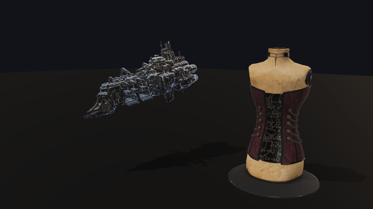 A dark metal spaceship floating above a studio floor and casting a shadow onto it, with pale snow settled along its upward-facing plating, a darker damp band beneath, and a cool blue rim along its silhouette; a small textured corset stands on the floor to its right, wearing none of it.