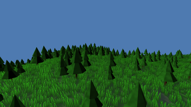 A grassy hillside seen from just above the grass: thousands of small green blades leaning one way in the wind, a scattering of dark conifers standing among them casting long shadows, and bare grey rock on the steeper ground behind.