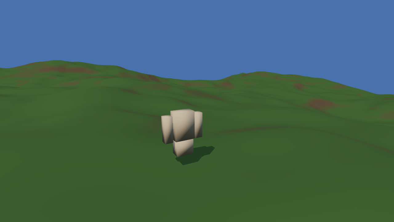 A small blocky character standing on a green grassy hillside under a blue sky, casting a shadow, with browner dirt on the steeper ground behind it and a low ridge on the horizon.