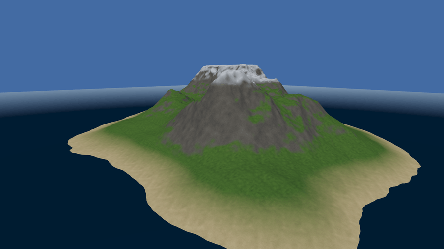 An island seen from the air across dark blue water: a pale sand beach round its edge, rolling green grassland inland, and grey rocky ridges with pale snow on the highest crests, fading into a blue haze at the far shore.