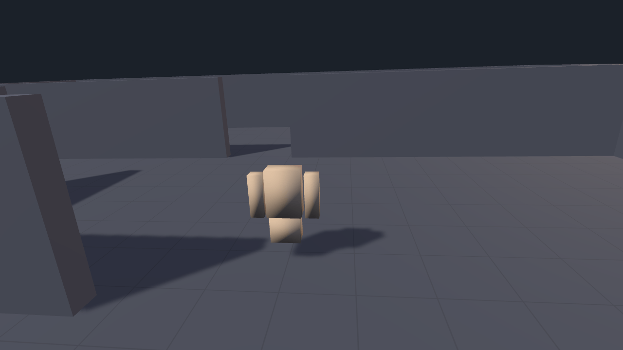 A pale blocky figure seen from behind and above, standing on a grey tiled floor inside a walled yard at dusk. A wall runs across the yard ahead of it with a dark doorway in it, and a shorter wall stands close on the left, throwing a long shadow across the floor.