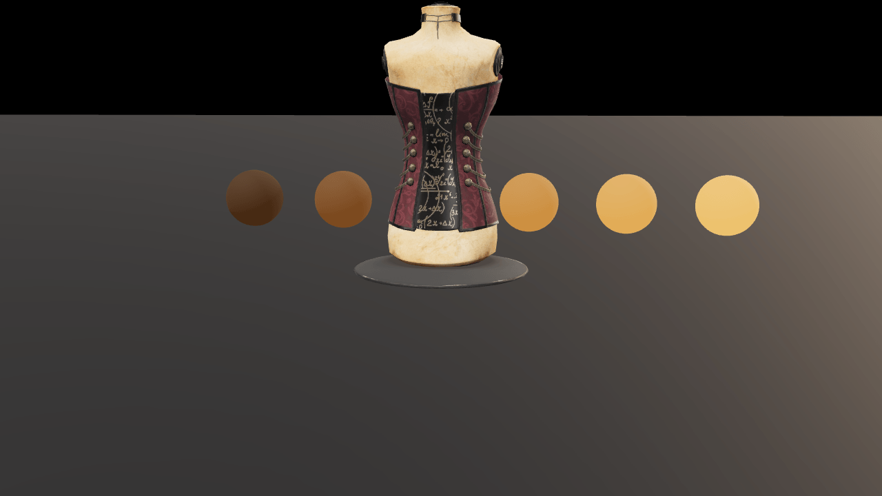 A leather and cloth corset on a dressmaker's stand, lit from above on a dark studio floor, with a row of six glowing amber spheres behind it climbing from near-black to a pale rolled-off yellow.