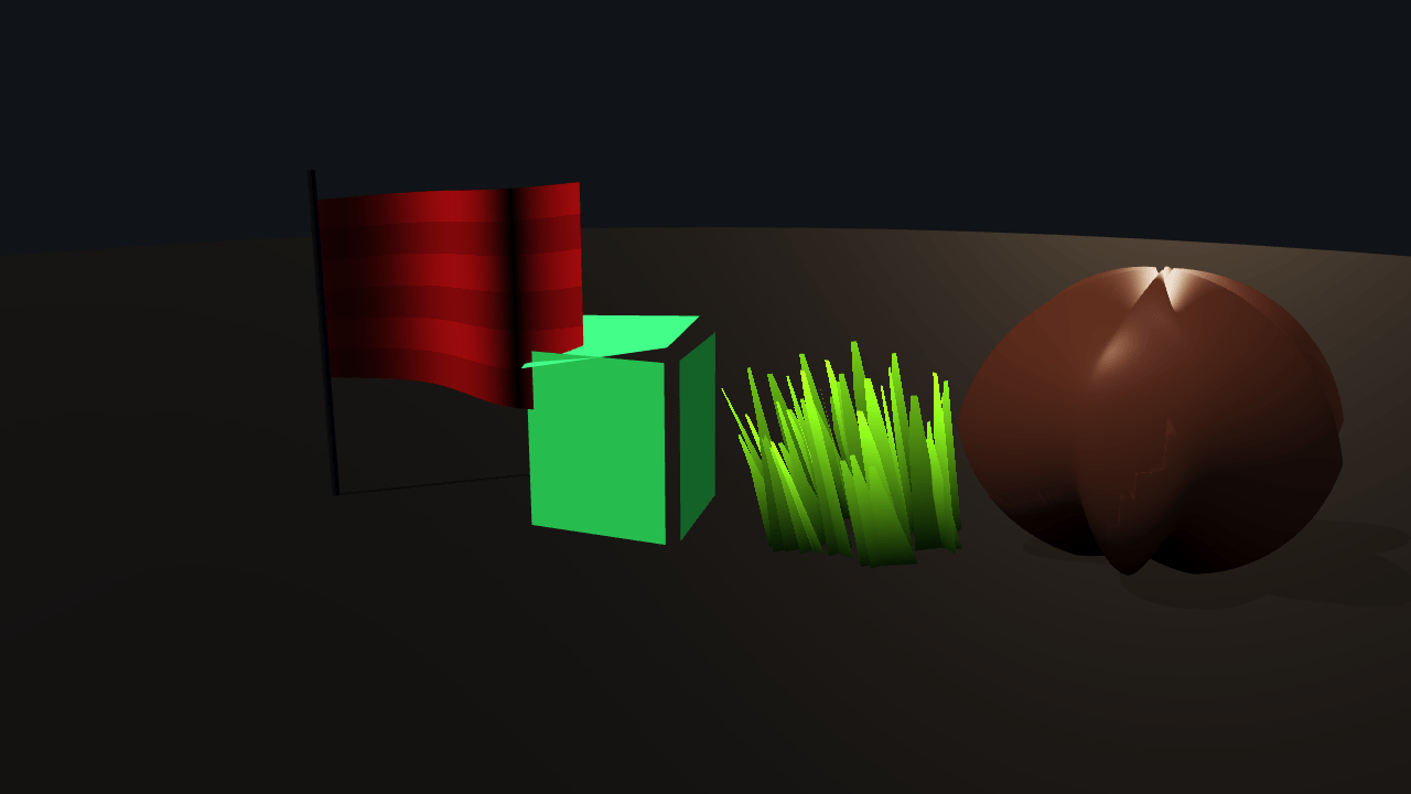 Four subjects in a row on a dark floor: a red flag caught mid-swing on a thin metal pole, a bright green cube squashed out of shape, a tuft of green grass blades leaning together in the wind, and a brown sphere pushed out into rounded lobes, lit and casting a shadow.