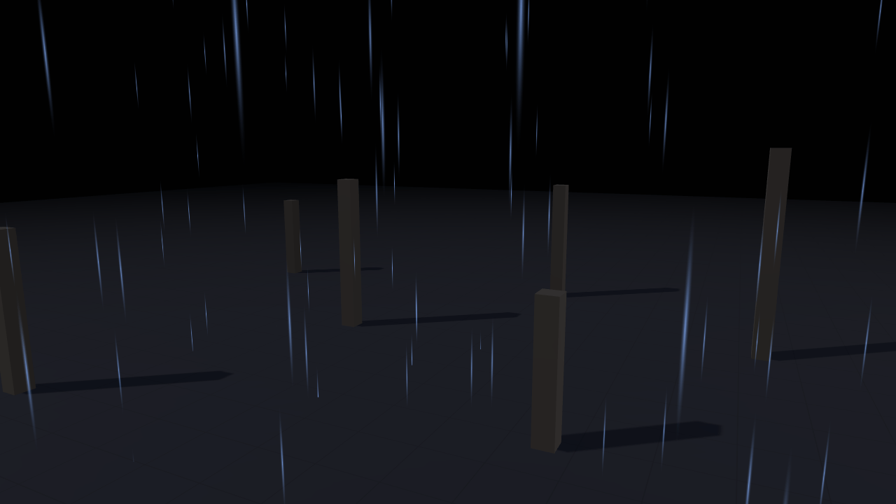 A dark yard of wooden posts standing on a grid floor in heavy rain: thousands of pale vertical streaks falling through the frame and past the posts, fading into fog towards the back.