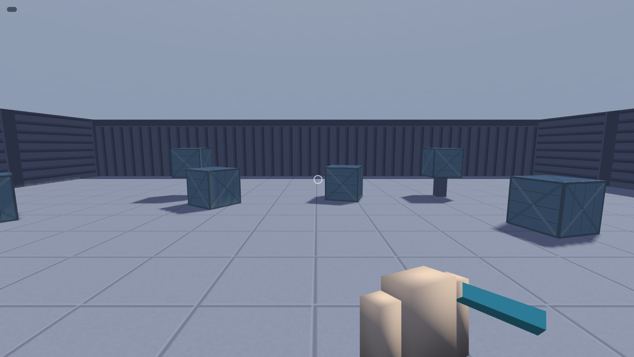 A first-person view of a lit room with pedestals and a view-model prop in hand.
